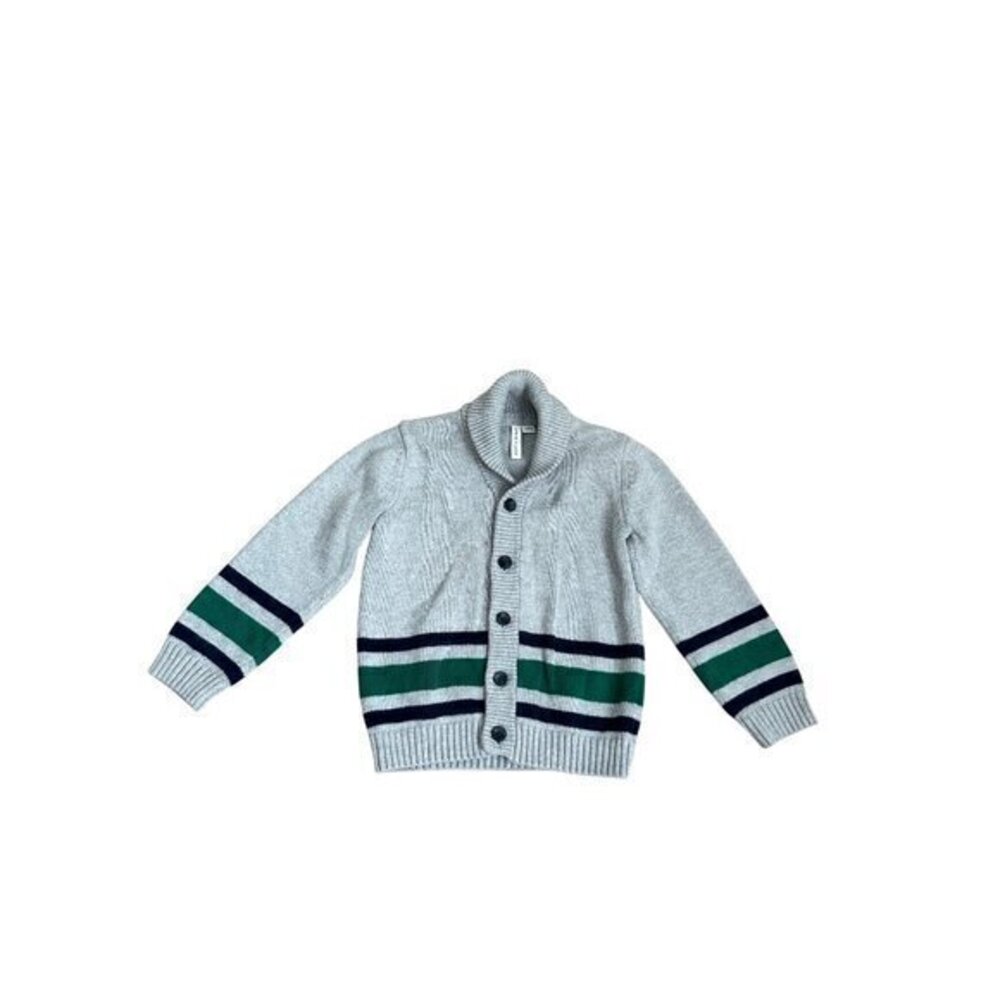 Janie & Jack Boys Gray Button-Front Cardigan With Green & Navy Stripes Size S